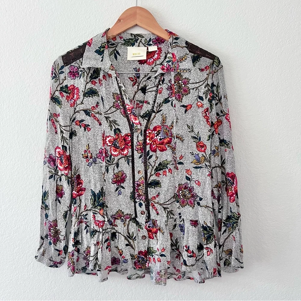 Anthropologie Maeve Janie Floral Flounced Hem Peasant Blouse Sz 2 - Picture 3 of 7